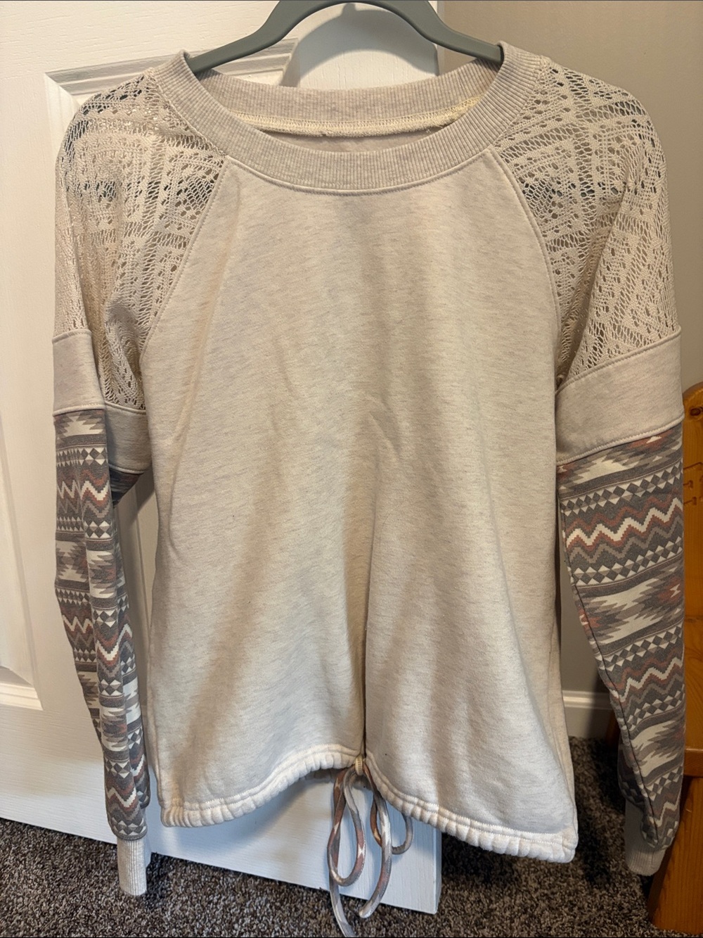 Shyanne Cream Knit Lace Sleeve Long Sleeve Top with Patterned Sleeves